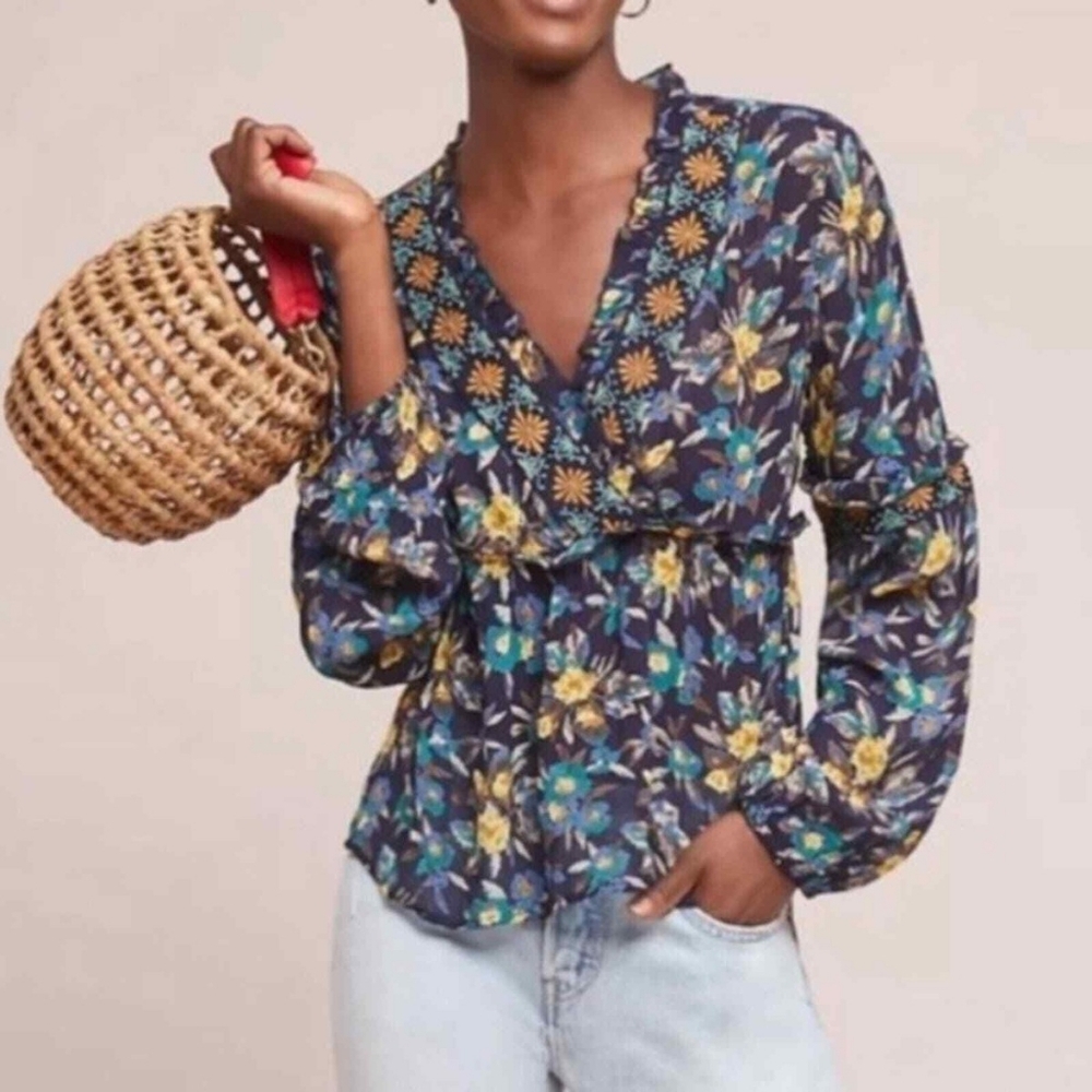 ANTHROPOLOGIE Meadow Rue Floral Embroidered Boho Top-Navy Blue Multicolor-Size L